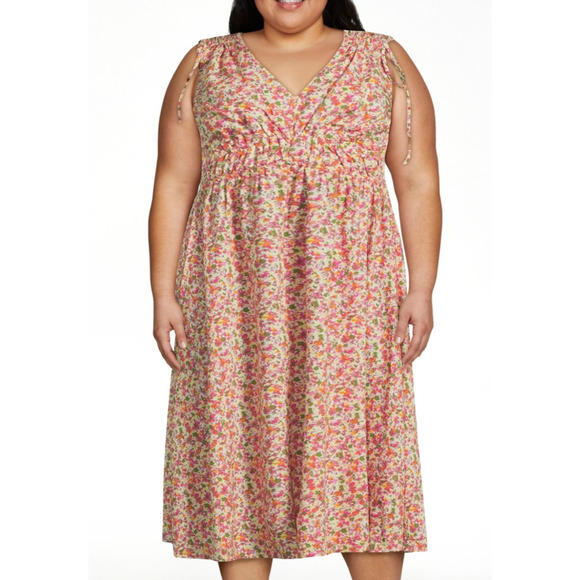 Time and Tru Womens V-Neck Smocked Midi Dress Ditsy Blush Sz XXXL (22) Pullover - Picture 5 of 6